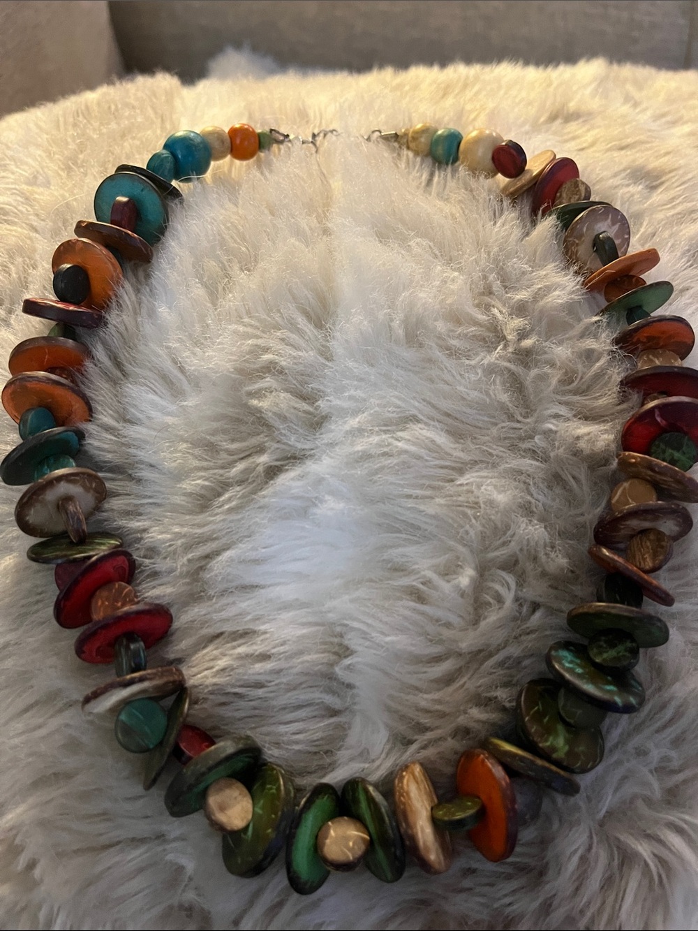 Handmade Multicolor Wood Beaded Necklace - Vibrant Green, Red, Orange